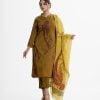 Women's paisley printed salwar kameez in joom fabric. Stand collar, three-quarter sleeves and karchupi at the front of kameez. Half-silk dupatta with pant pajamas.
