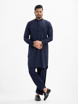 Men's solid color kabli panjabi set in viscose fabric. Mandarin collar with metal buttons placket with two pockets kabli suit and pajama set.