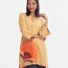 Printed A-line tunic in viscose fabric. Round neck with tassel tie. bell-sleeved and high low hem.