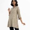 Women's printed short tunic in viscose fabric. Round neck with v cut, three-quarter sleeved and embroidery at the top front.