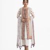 Women's printed shrug style salwar kameez in muslin and crepe fabric from Nargisus by Le Reve. Round neck, three-quarter sleeved and karchupi at the front. Complemented with crepe palazzo and chiffon dupatta with tassel tie.
