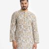 Men's printed slim fitted panjabi in cotton fabric. Mandarin collar, full sleeves. Inseam pockets.