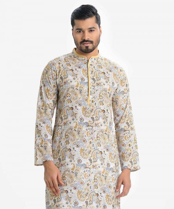 Men's printed slim fitted panjabi in cotton fabric. Mandarin collar, full sleeves. Inseam pockets.