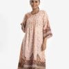 Women's printed tent style long tunic in joom fabric. Stand collar, three-quarter sleeved and button fastening at the front.