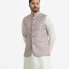 Men's Waistcoat in Jacquard fabric. Mandarin collar, sleeveless, straight hem with button closure and three pockets at front.