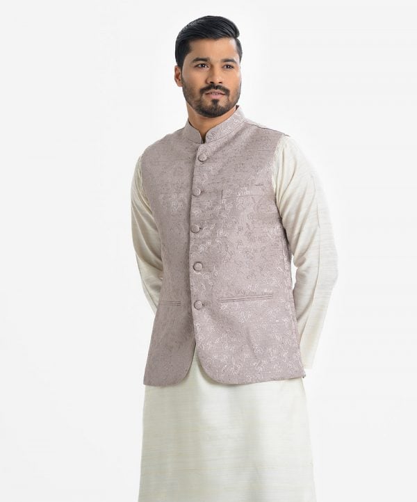 Men's Waistcoat in Jacquard fabric. Mandarin collar, sleeveless, straight hem with button closure and three pockets at front.
