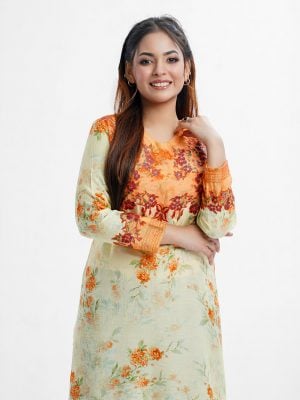 Printed straight kameez from Nargisus by Le Reve in blended cotton fabric. V-neck, three-quarter sleeved. Embroidery detailed.