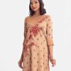 Floral printed three-quarter sleeved straight kameez in crepe fabric. Round neck and karchupi at the top front.
