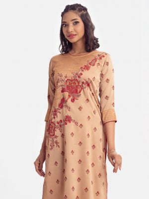 Floral printed three-quarter sleeved straight kameez in crepe fabric. Round neck and karchupi at the top front.
