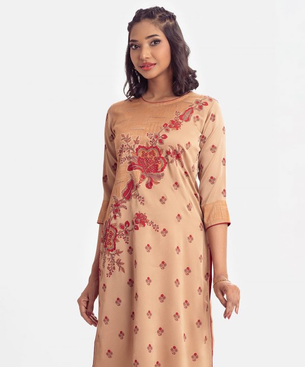 Floral printed three-quarter sleeved straight kameez in crepe fabric. Round neck and karchupi at the top front.