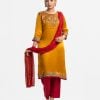 Women's exclusive straight salwar kameez from Nargisus by le reve in silk & viscose blended fabric. Round neck, three-quarter sleeved and karchupi at the front. Complemented with crepe palazzo pant and muslin dupatta.