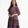 Printed tiered style long tunic in georgette fabric. Round neck, three-quarter sleeved. Gathered at the waistline and karchupi at the front.