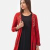 Women's A-line tunic with shrug in silk & viscose blended fabric. The shrug features three-quarter sleeves, shawl collar with karchupi details. Paired with an attached viscose tunic.