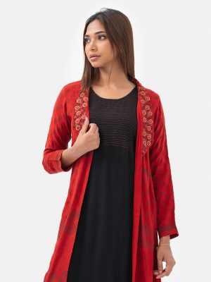 Women's A-line tunic with shrug in silk & viscose blended fabric. The shrug features three-quarter sleeves, shawl collar with karchupi details. Paired with an attached viscose tunic.