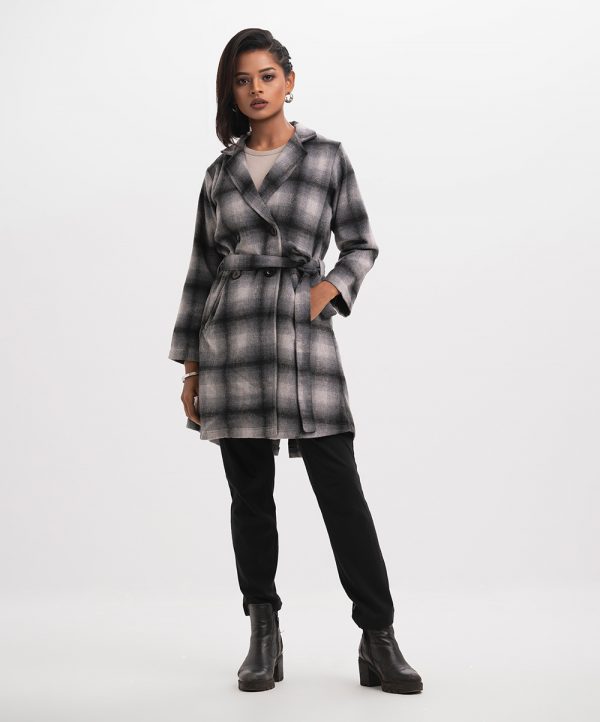 Gray Flannel Check Double-breasted Trench Coat
