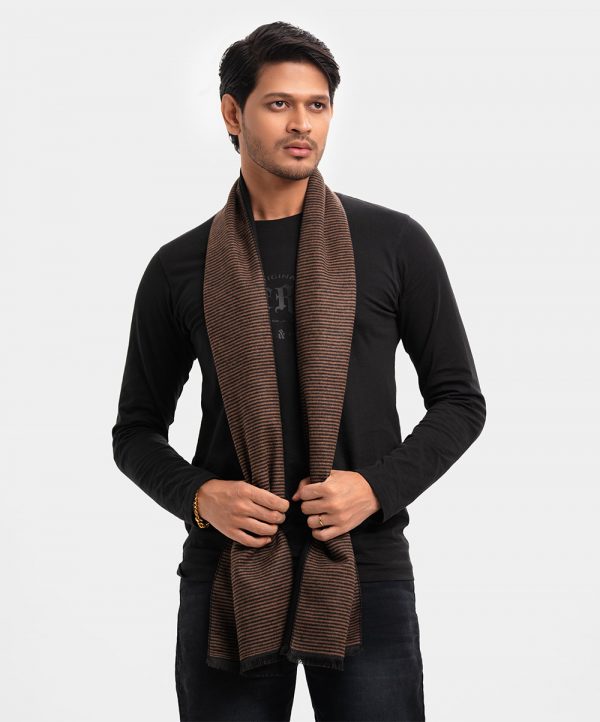 Men's muffler in black and brown striped motif.