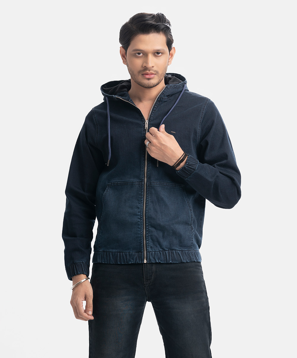 Men's casual hooded jacket in denim fabric. Full sleeves, front zipper opening with two hand-warming pockets. Men's casual hooded jacket in denim fabric. Full sleeves, front zipper opening with two hand-warming pockets.