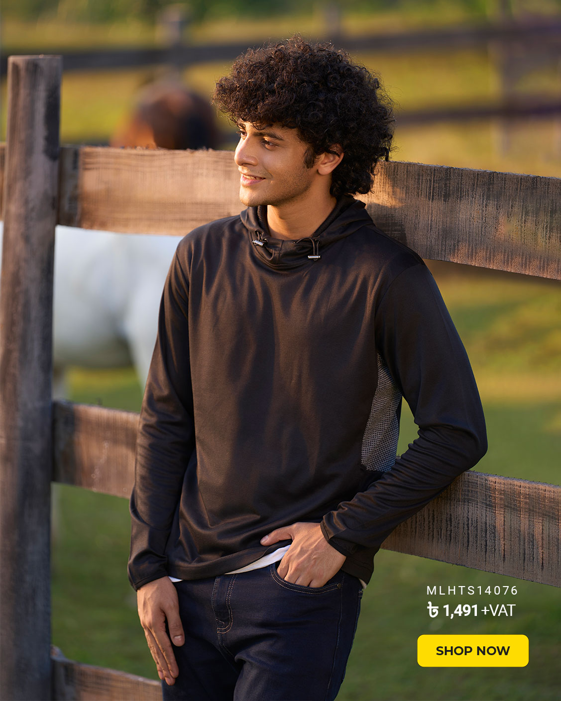 Black Interlock Knit Long Sleeve Hoodie T-Shirt 