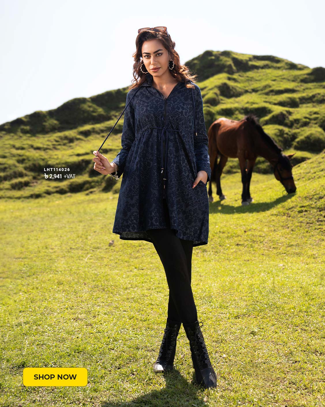 Navy Blue Denim A-line Hoodie Tunic
