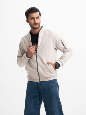 Men's bomber jacket in cotton-blend fabric. Stand-up collar, zip at front & diagonal welt side pockets. Quilted lining.