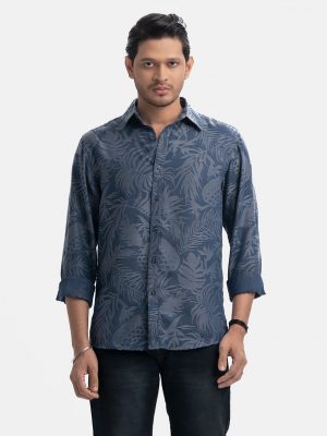Blue Jacquard Long Sleeve Casual Shirt