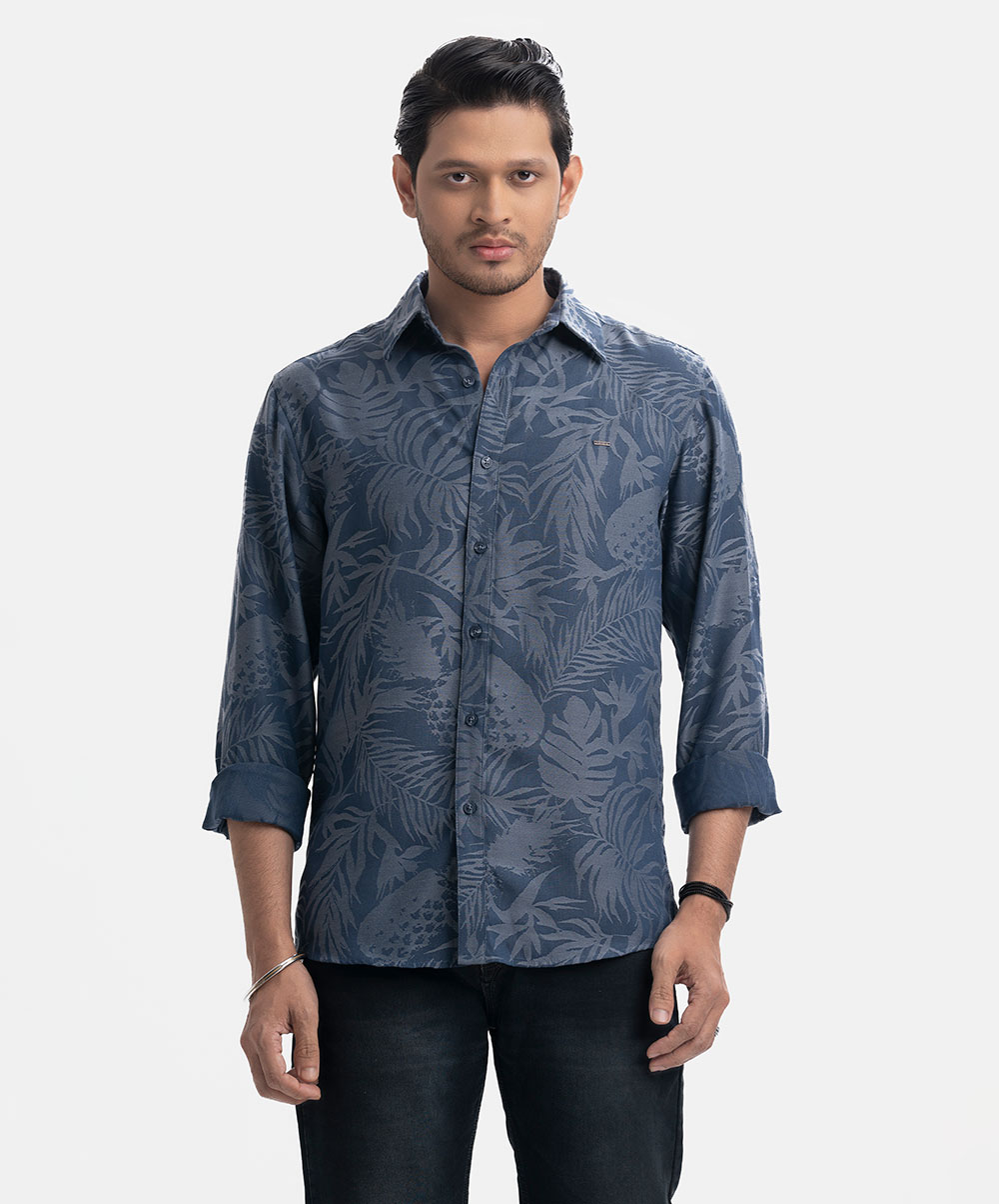 Men's casual shirt in jacquard fabric. Classic collar and full-sleeve with adjustable buttons cuff. Blue Jacquard Long Sleeve Casual Shirt
