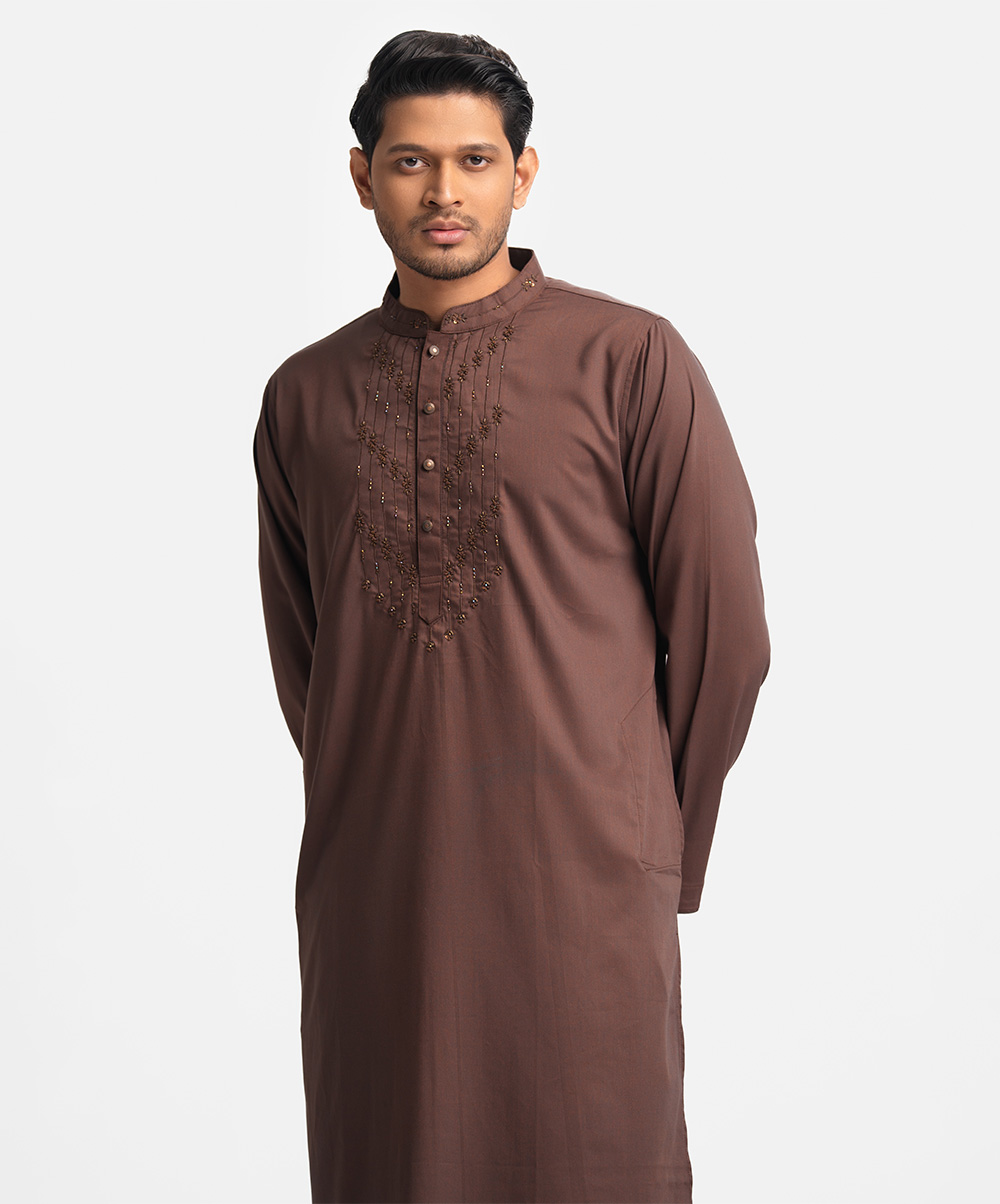 Mandarin collar exclusive panjabi in premium cotton-blend fabric. Karchupi details on the collar and placket. Dark Brown Premium Cotton-blend Panjabi