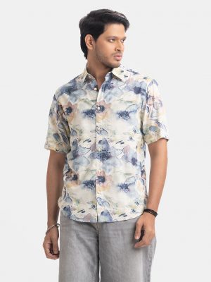 Printed Ramie Cotton Short Sleeve Casual Shirt