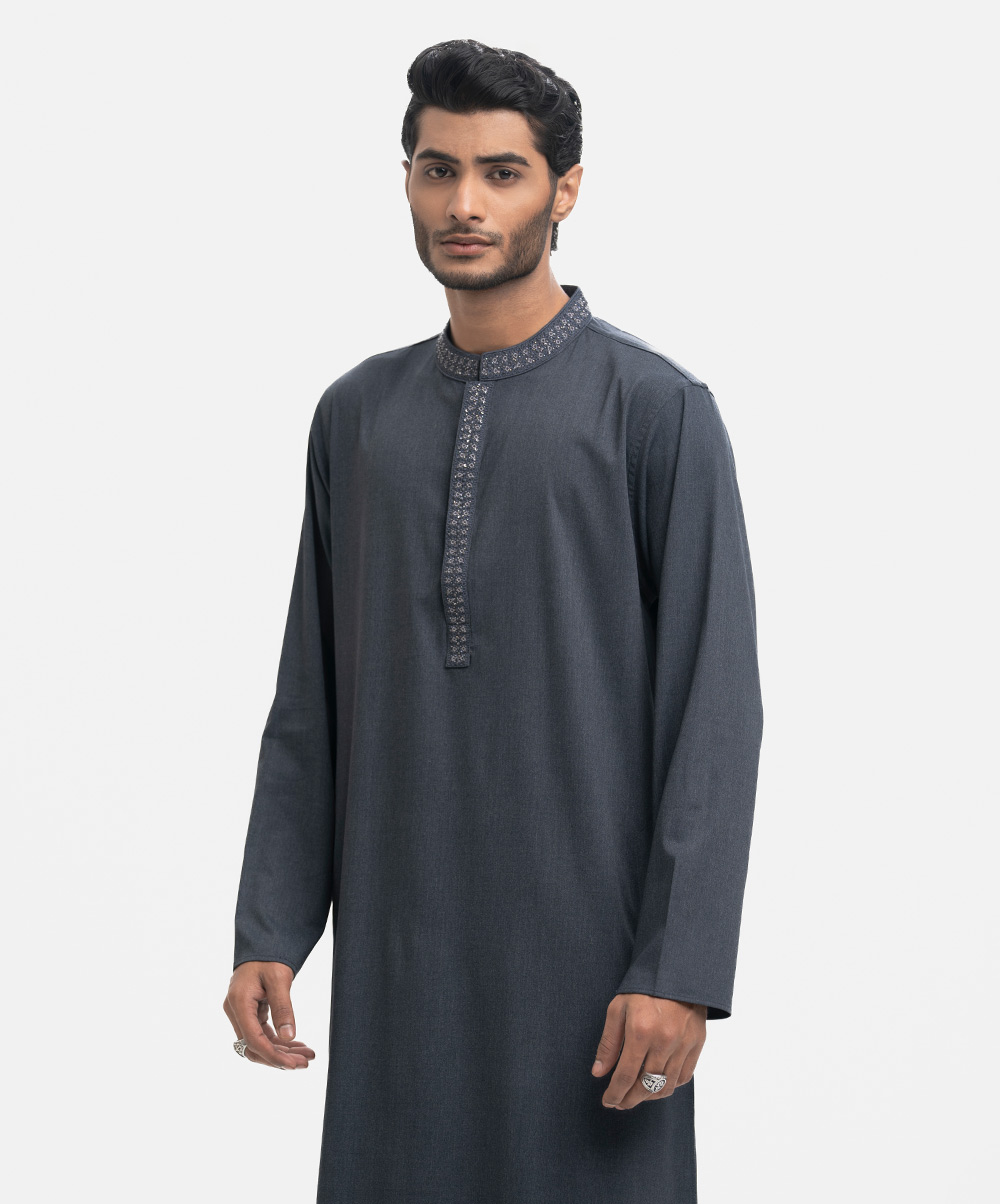 Exclusive Panjabi in premium blended fabric. Karchupi on the collar and placket. Blue Blended Premium Panjabi