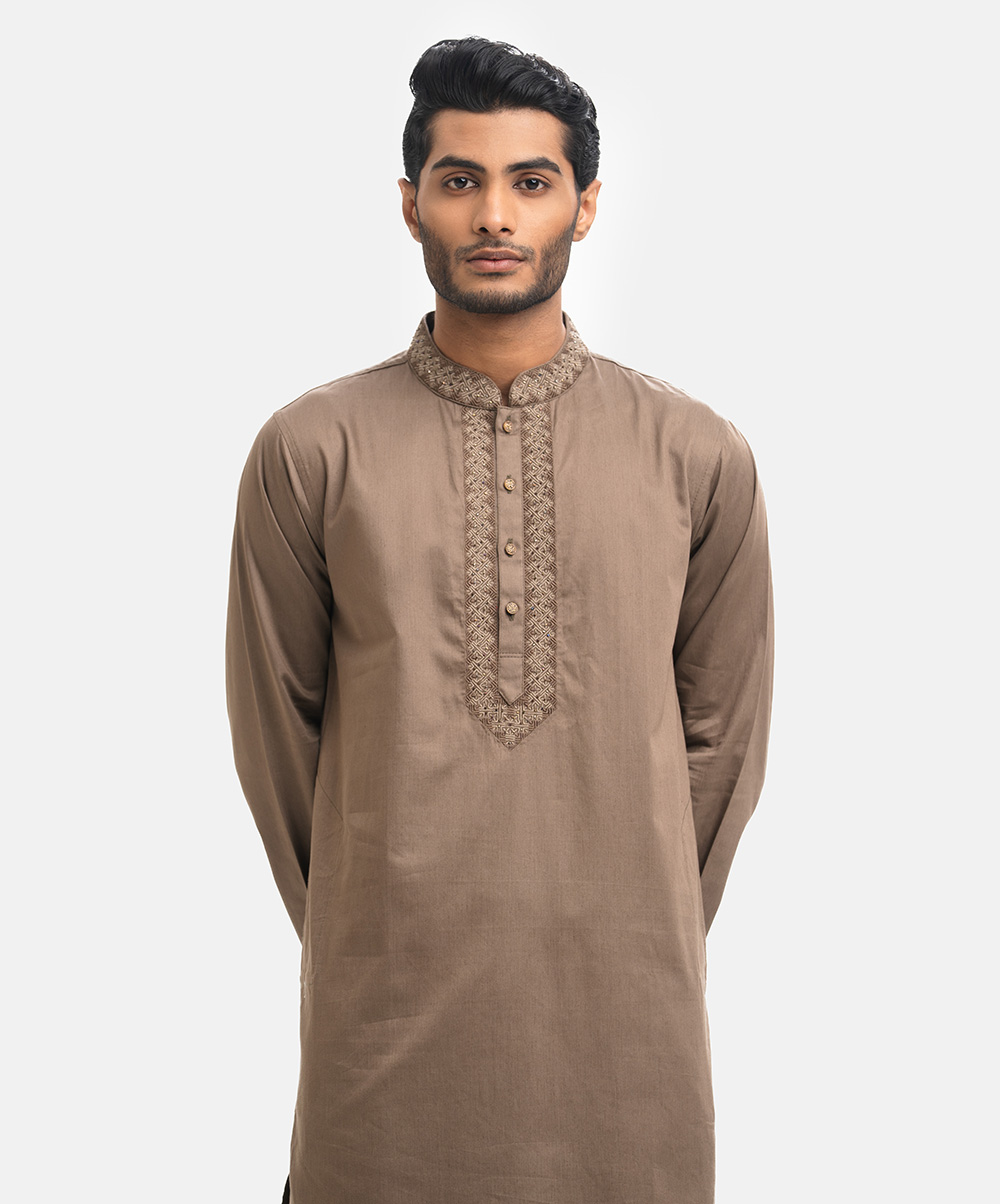 Fitted panjabi with karchupi on collar and button placket. Green Cotton Fitted Panjabi