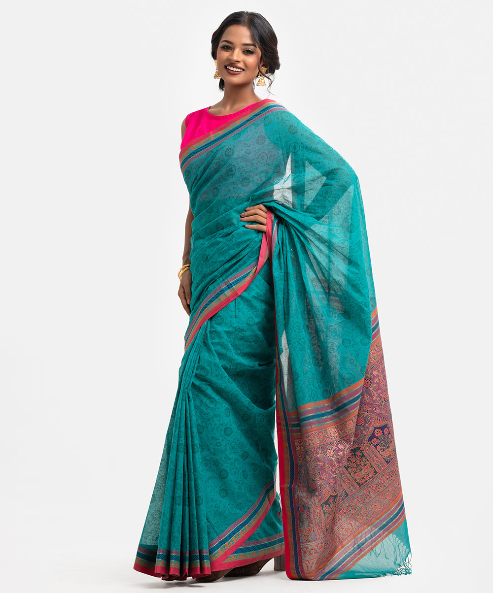 Women's ethnic cotton saree with weaving details. Green Cotton Saree