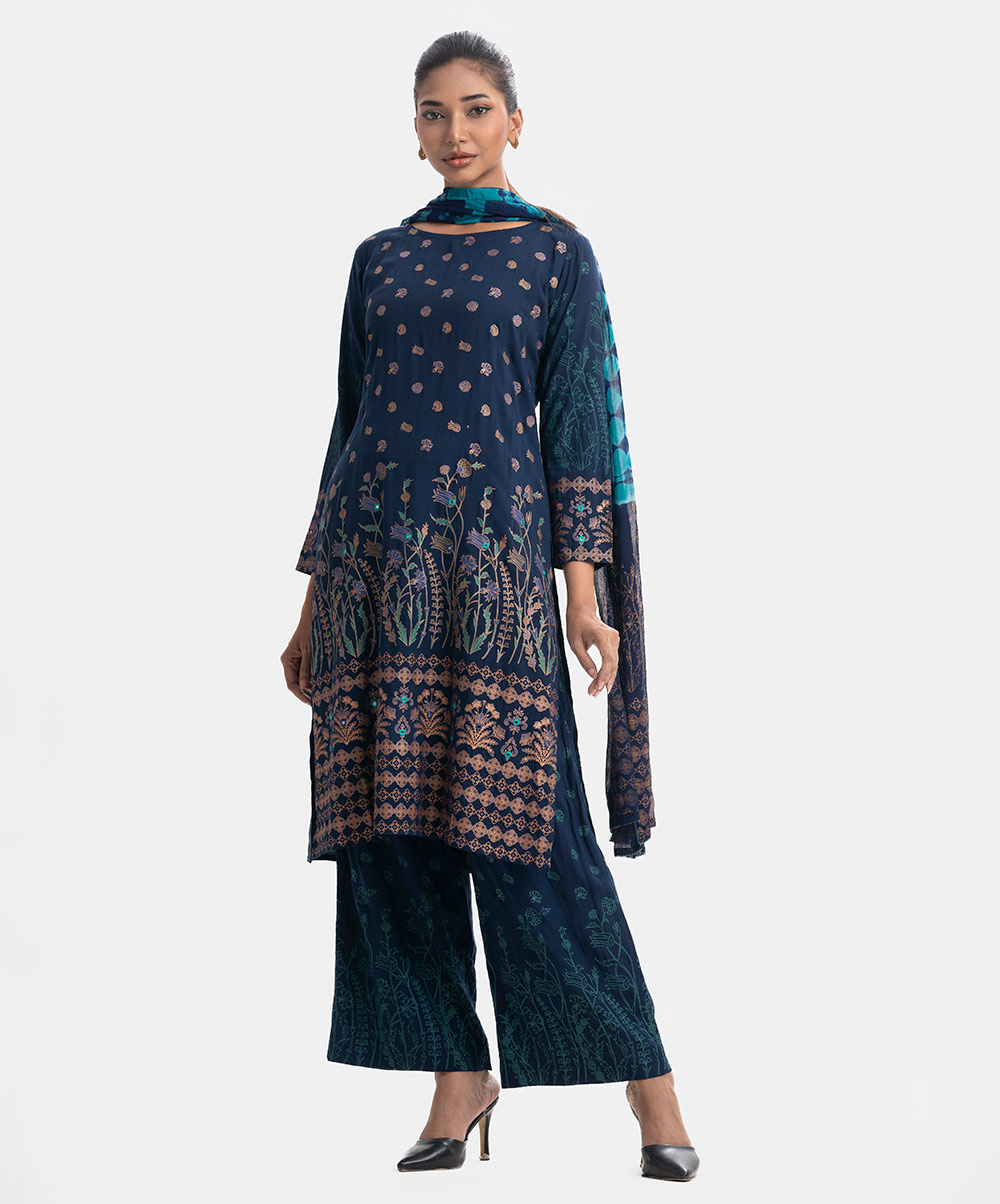 Round neck salwar kameez set in viscose fabric. Full-sleeved, karchupi detailed. Complemented with a tie-dye chiffon dupatta and palazzo pants. Blue Viscose A-line Salwar Kameez