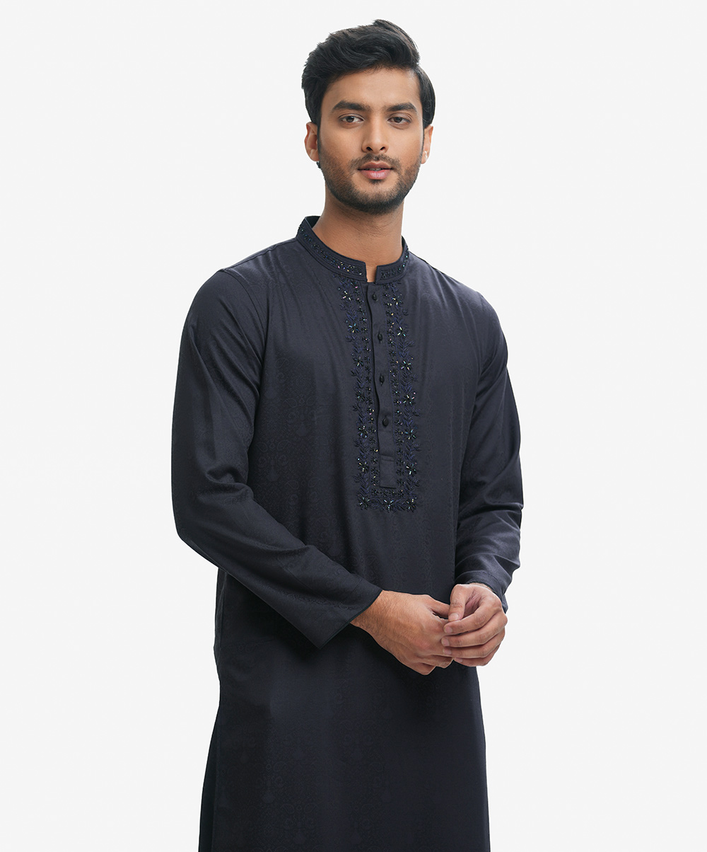 Men's fitted panjabi in cotton jacquard fabric. Karchupi at the mandarin collar & placket. Inseam side pockets. Blue Jacquard Fitted Panjabi