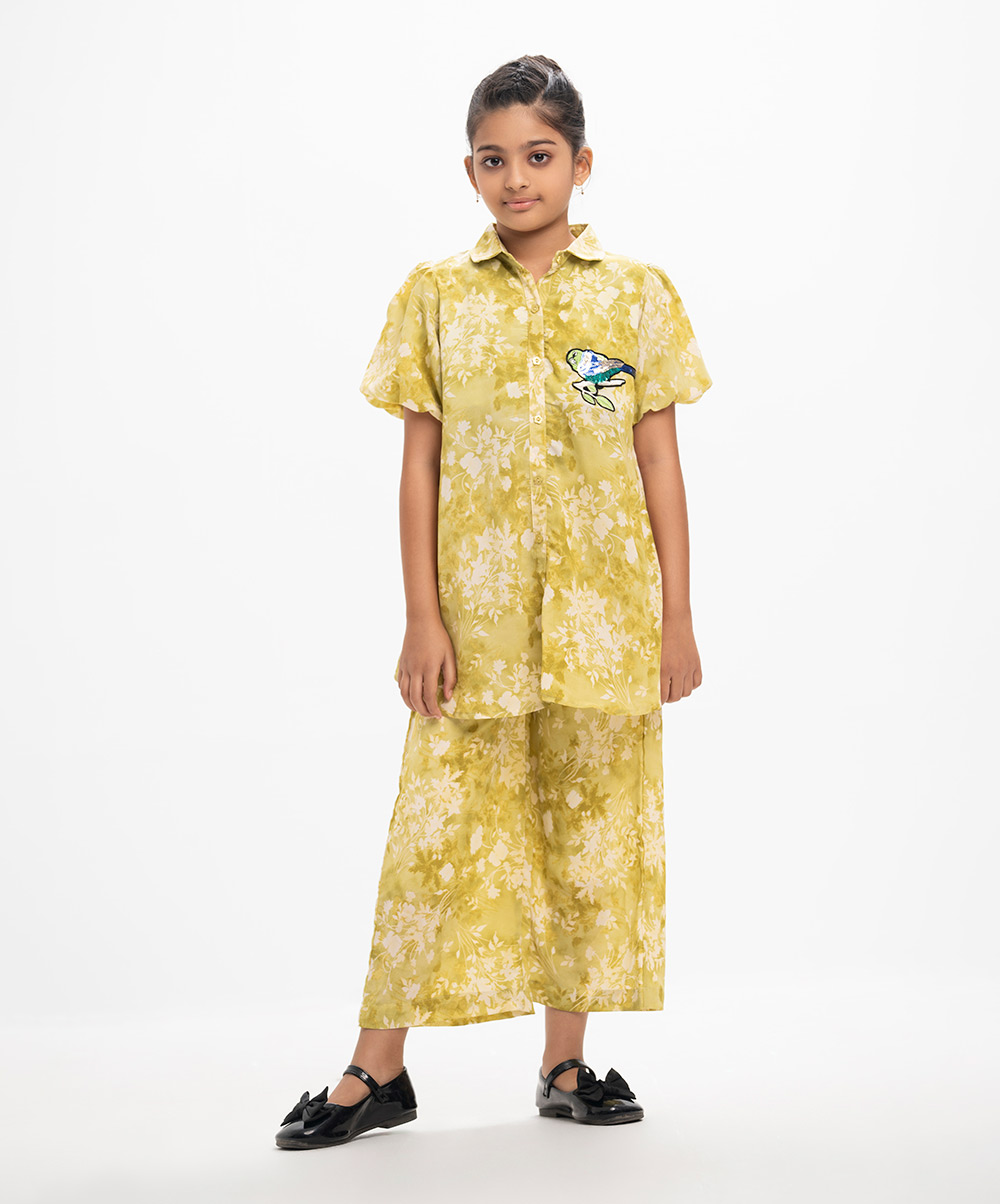 Shirt collar kameez in georgette fabric. Balloon puff sleeves, half viscose lining. Sequined bird embroidery at the front, inseam side pockets. Complemented with an elasticated waist pant. Green Georgette Woven Kameez and Pant Set