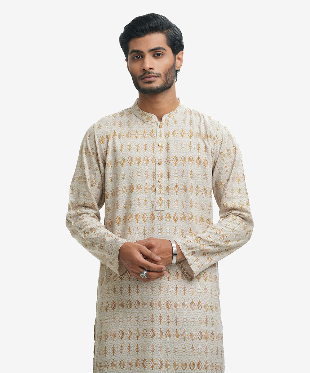 Men's printed semi fitted panjabi in viscose fabric. Mandarin collar & placket. Full sleeves and inseam pockets. Off-white Viscose Semi Fit Panjabi