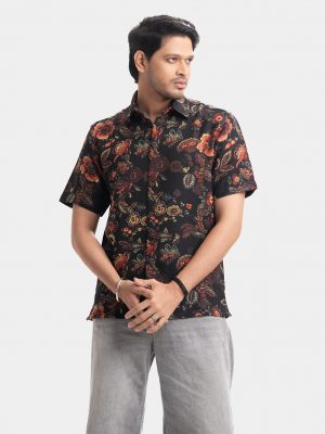 Black Blended Short Sleeve Casual Shirt