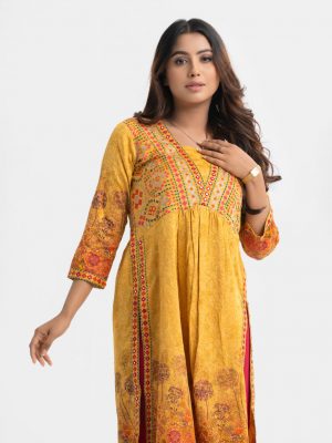 Yellow Cotton A-line Kameez