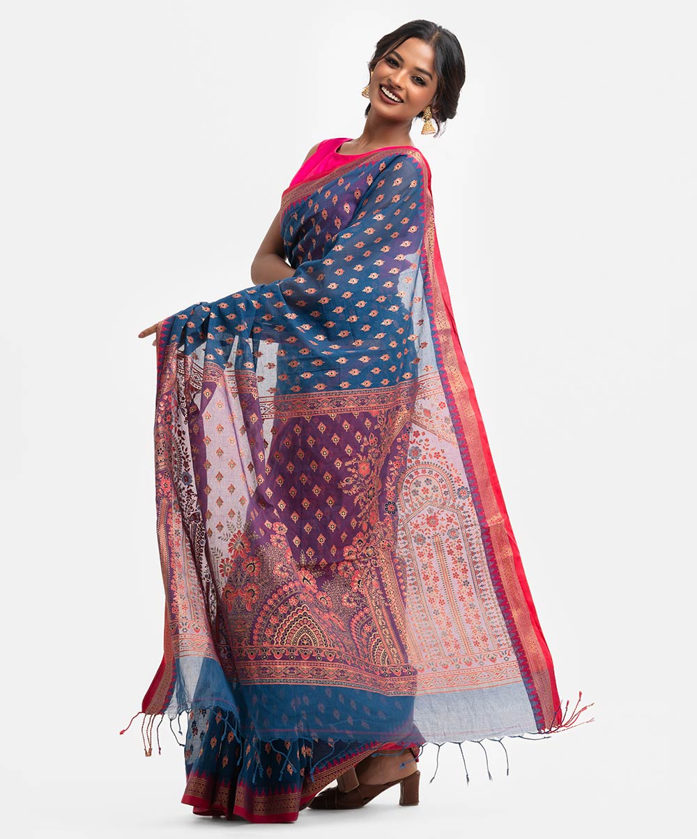Women's ethnic cotton saree with weaving details. Blue Cotton Saree
