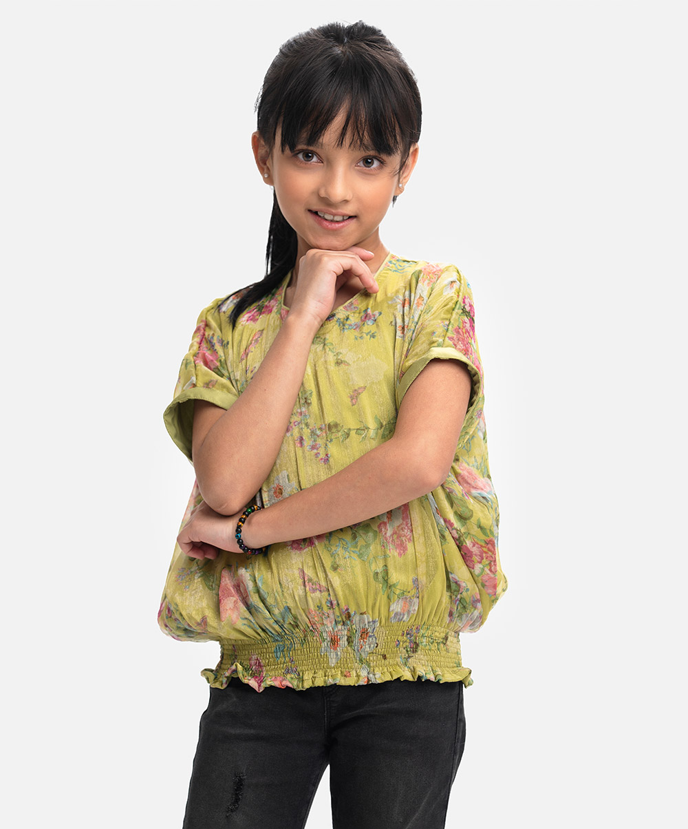Kid girls tunic in printed Georgette fabric. Kimono sleeves, round neck and smoky waistline. Mint Green Georgette Tunic