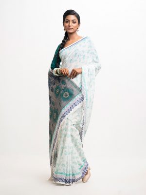 White Cotton Embroidered Saree