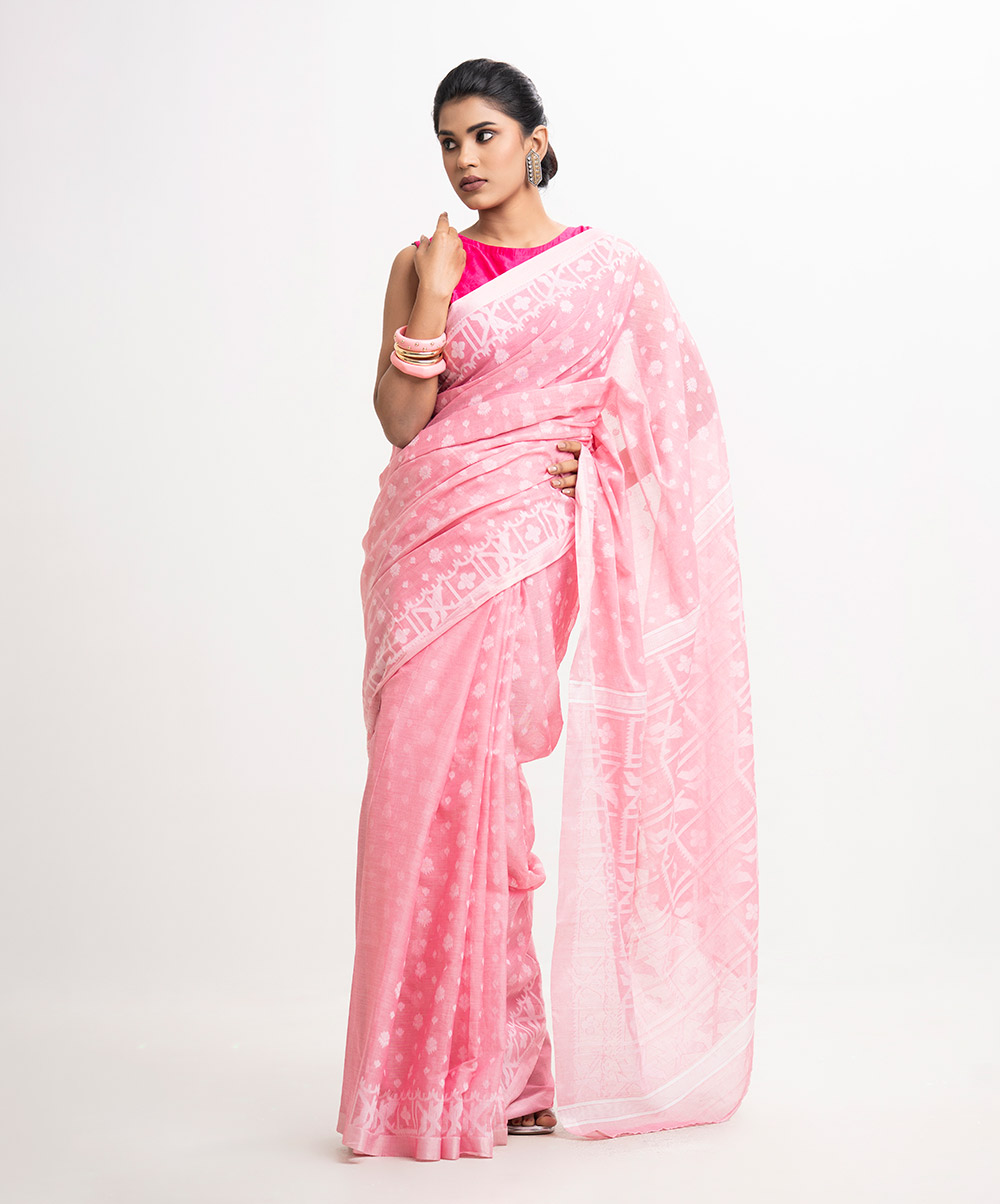 All-over Jamdani pattern weaving details saree in cotton fabric. Pink Cotton Saree