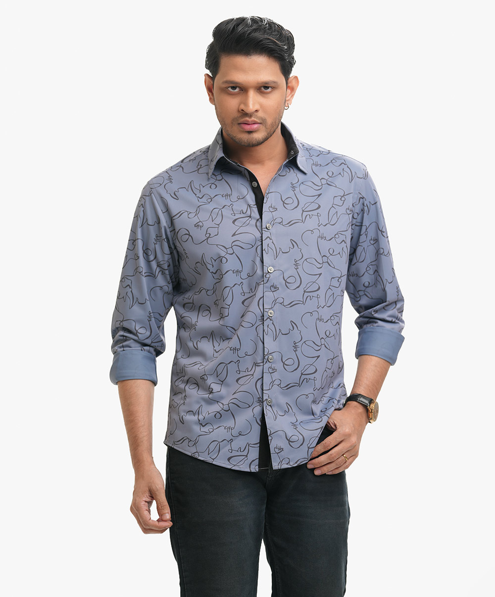 Long-sleeved casual shirt in blended fabric. Adjustable cuffs. Gray Blended Long Sleeve Casual Shirt