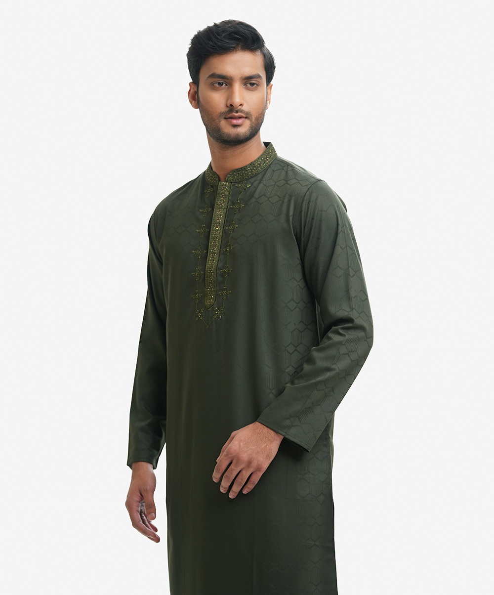 Men's semi fitted panjabi in jacquard fabric with embroidery and karchupi on the collar, hidden placket and chest. Green Jacquard Semi Fit Panjabi