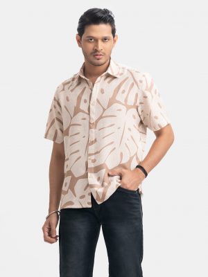 Brown and White Blended Short Sleeve Casual Shirt