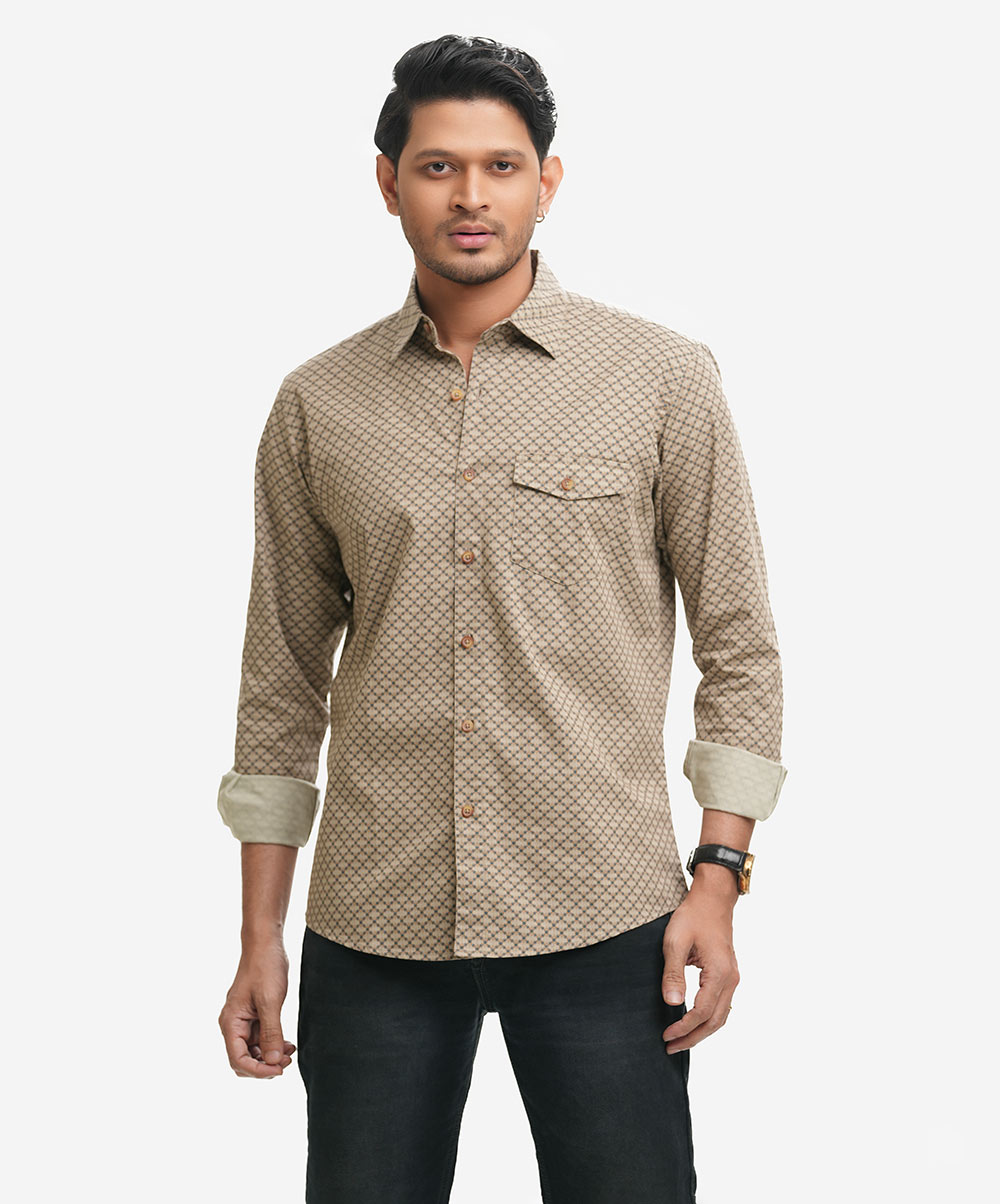 Cotton long-sleeved casual shirt with a classic collar and a chest pocket. Printed Cotton Long Sleeve Casual Shirt
