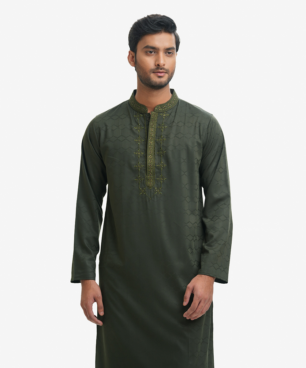 Fitted panjabi in jacquard fabric with embroidery and karchupi on the collar, hidden placket and chest. Green Jacquard Fitted Panjabi