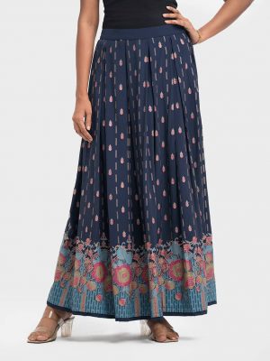 Blue Georgette Box-pleated Long Skirt