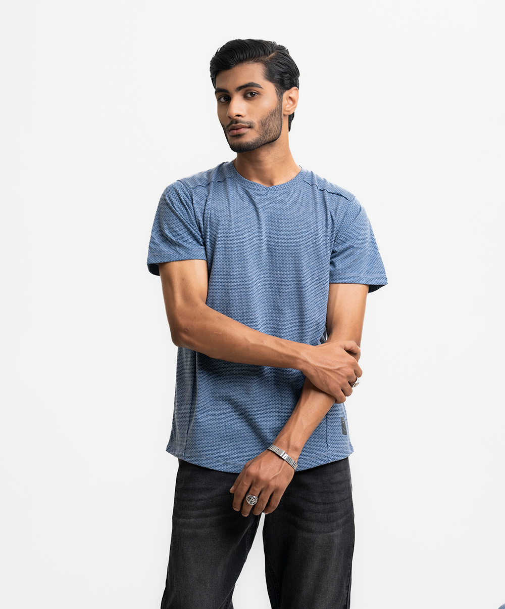 Men's t-shirt in stretchable cotton-blend fabric. Crew neck, short sleeves. Blue Cotton Knit Short Sleeve T-shirt