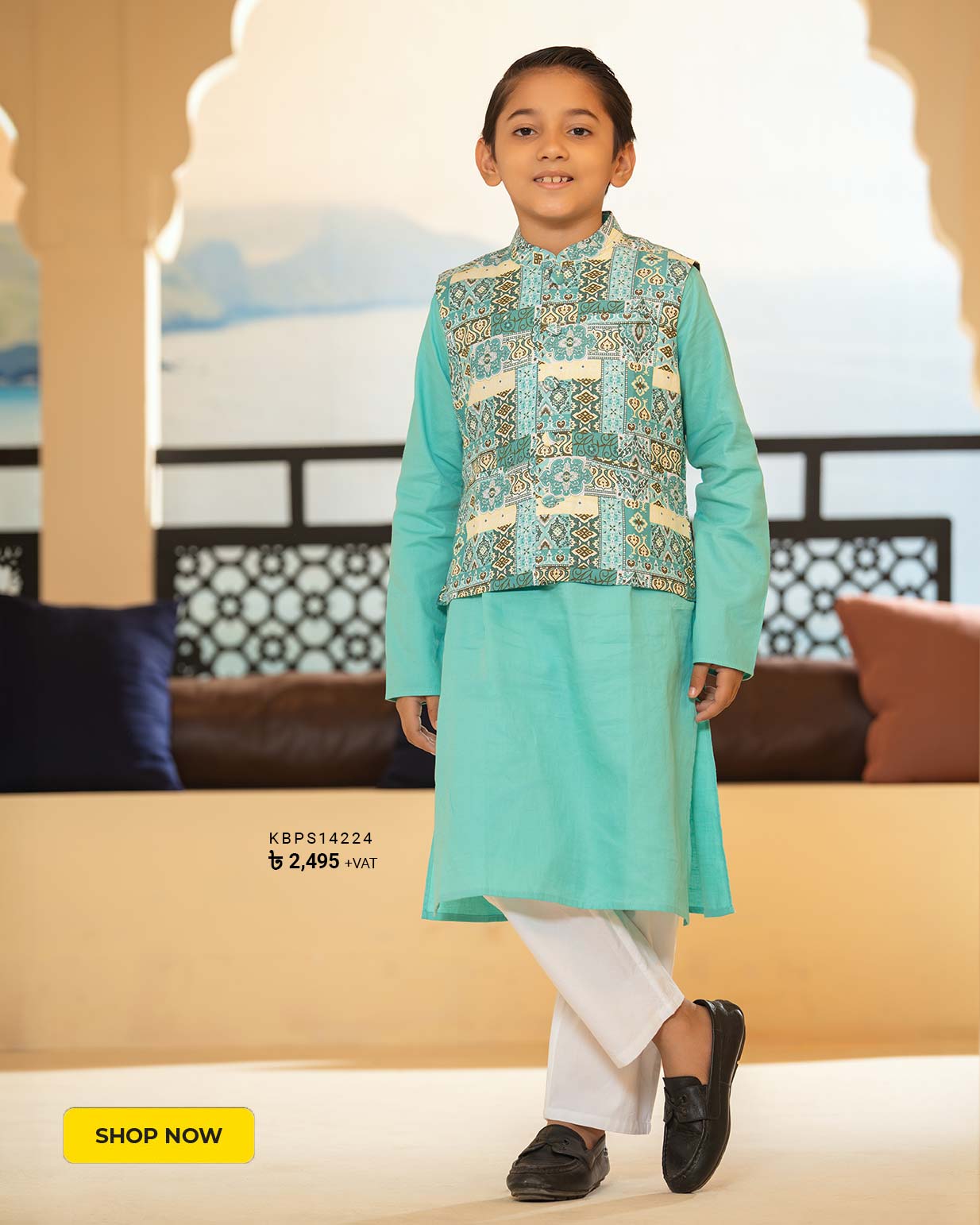 Teal Cotton Blended Panjabi Set
