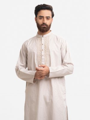 White Jacquard Fitted Panjabi